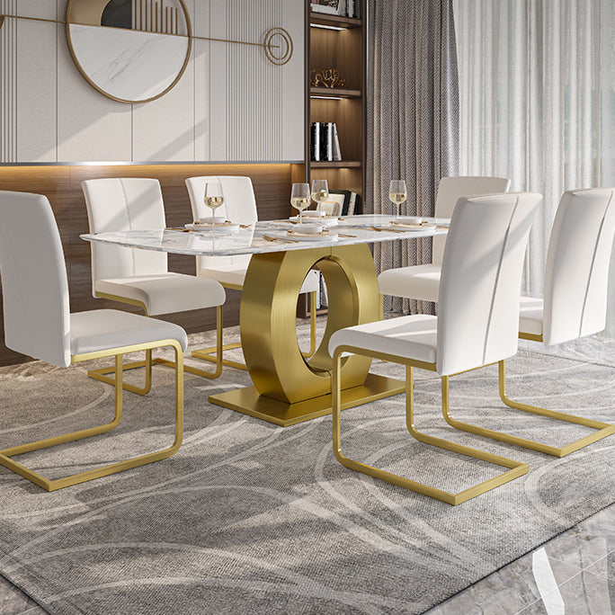 Luxury Sintered Stone Dining Table Rectangle White Table with Metal Pedestal in Gold Clearhalo ' dining_table' 'Dining Tables & Seating' 'Dining Tables' 'furn' 'furn_dining_table' 'Furniture' 'furniture_dining_table' 'Kitchen & Dining Furniture' 'kitchen&dining_furn' 'kitchen' 'kitchen_dining_table' 4288269