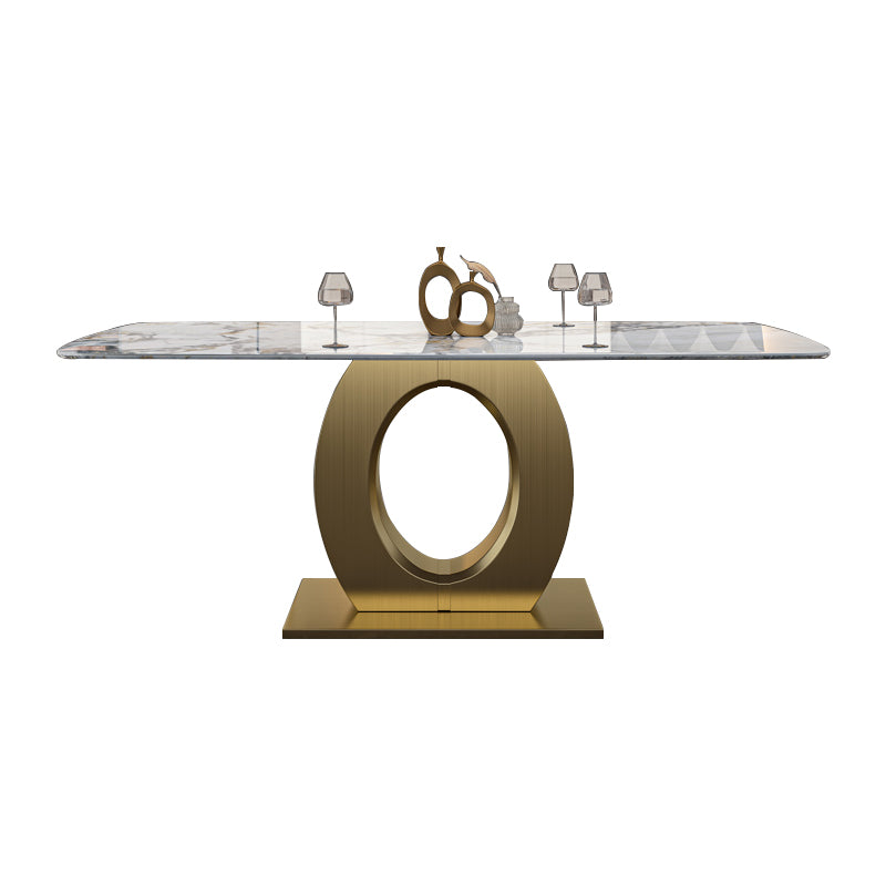 Luxury Sintered Stone Dining Table Rectangle White Table with Metal Pedestal in Gold Without Chairs Clearhalo ' dining_table' 'Dining Tables & Seating' 'Dining Tables' 'furn' 'furn_dining_table' 'Furniture' 'furniture_dining_table' 'Kitchen & Dining Furniture' 'kitchen&dining_furn' 'kitchen' 'kitchen_dining_table' 4288272
