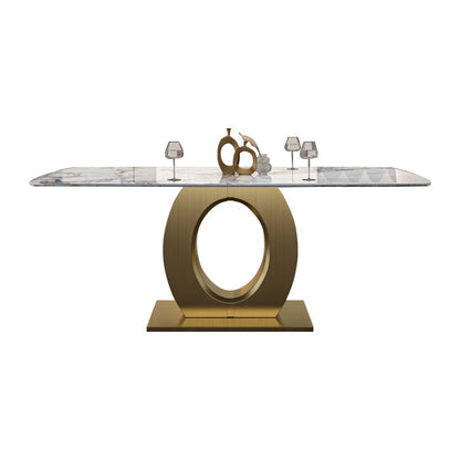 Luxury Sintered Stone Dining Table Rectangle White Table with Metal Pedestal in Gold Without Chairs Clearhalo ' dining_table' 'Dining Tables & Seating' 'Dining Tables' 'furn' 'furn_dining_table' 'Furniture' 'furniture_dining_table' 'Kitchen & Dining Furniture' 'kitchen&dining_furn' 'kitchen' 'kitchen_dining_table' 4288272