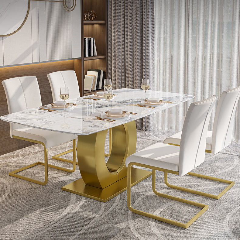 Luxury Sintered Stone Dining Table Rectangle White Table with Metal Pedestal in Gold Clearhalo ' dining_table' 'Dining Tables & Seating' 'Dining Tables' 'furn' 'furn_dining_table' 'Furniture' 'furniture_dining_table' 'Kitchen & Dining Furniture' 'kitchen&dining_furn' 'kitchen' 'kitchen_dining_table' 4288277