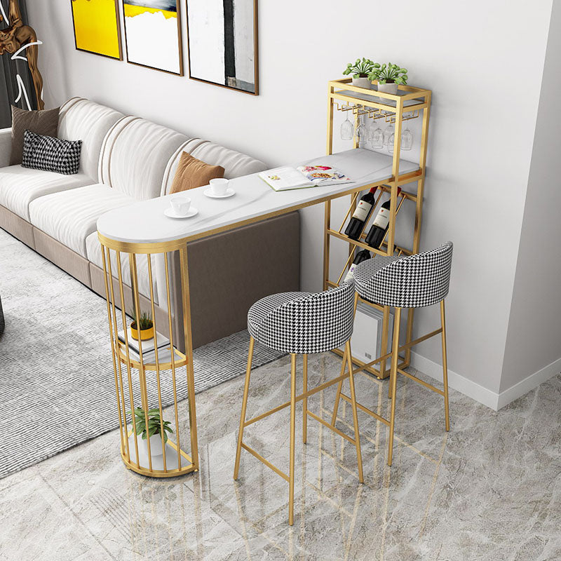 Glam Stone Indoor Bar Dining Table Iron Double Pedestal Bistro Table with Shelve 70.9"L x 15.7"W x 41.3"H Gold Without Chairs Clearhalo 'Bar Furniture' 'Bar Tables' 'bar_tables' 'furn' 'furn_bar_tables' 'Furniture' 'furniture_bar_tables' 'Kitchen & Dining Furniture' 'kitchen&dining_furn' 'kitchen' 4296147