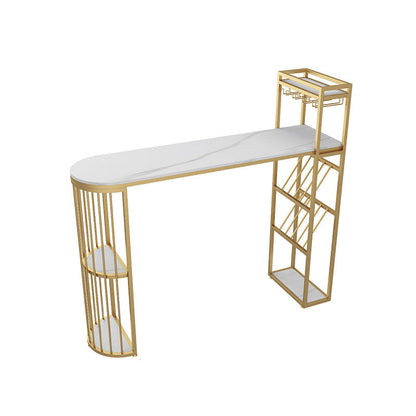 Glam Stone Indoor Bar Dining Table Iron Double Pedestal Bistro Table with Shelve 39.4"L x 15.7"W x 41.3"H Gold Without Chairs Clearhalo 'Bar Furniture' 'Bar Tables' 'bar_tables' 'furn' 'furn_bar_tables' 'Furniture' 'furniture_bar_tables' 'Kitchen & Dining Furniture' 'kitchen&dining_furn' 'kitchen' 4296148