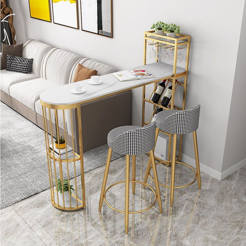 Glam Stone Indoor Bar Dining Table Iron Double Pedestal Bistro Table with Shelve 55.1"L x 15.7"W x 41.3"H Gold Without Chairs Clearhalo 'Bar Furniture' 'Bar Tables' 'bar_tables' 'furn' 'furn_bar_tables' 'Furniture' 'furniture_bar_tables' 'Kitchen & Dining Furniture' 'kitchen&dining_furn' 'kitchen' 4296155