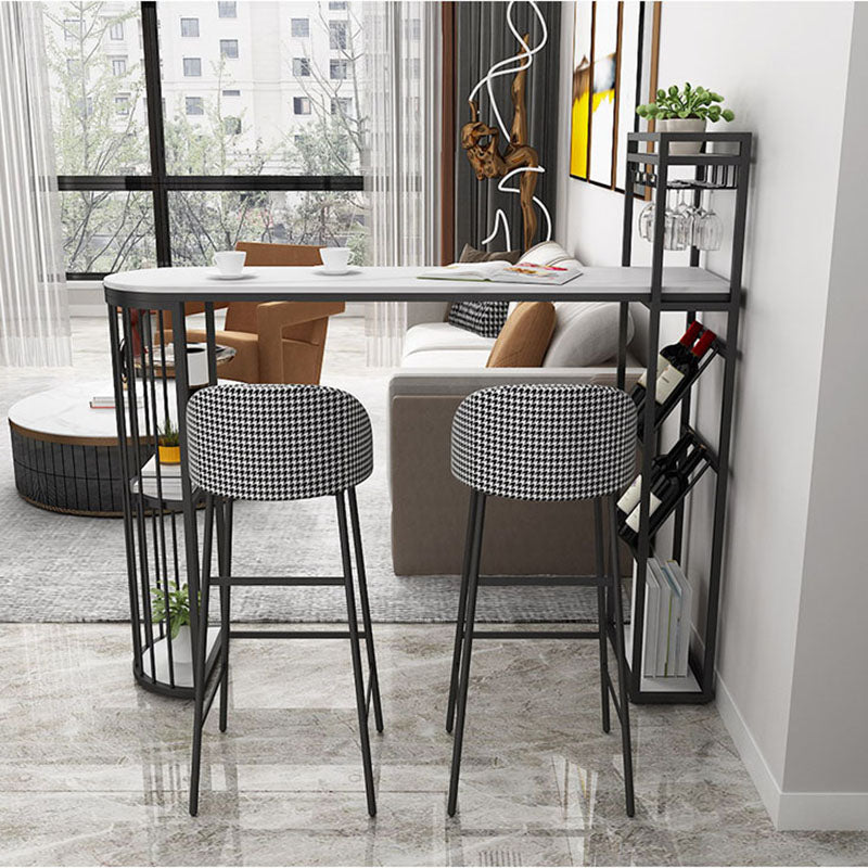 Glam Stone Indoor Bar Dining Table Iron Double Pedestal Bistro Table with Shelve 55.1"L x 15.7"W x 41.3"H Black Without Chairs Clearhalo 'Bar Furniture' 'Bar Tables' 'bar_tables' 'furn' 'furn_bar_tables' 'Furniture' 'furniture_bar_tables' 'Kitchen & Dining Furniture' 'kitchen&dining_furn' 'kitchen' 4296156