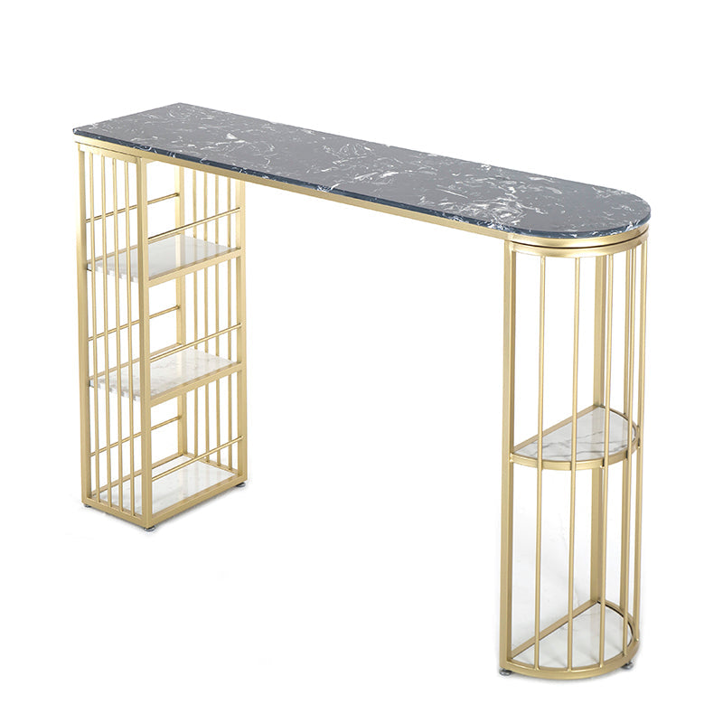 Marble Indoor Glam Bar Dining Table Gold Iron Double Pedestal Bistro Table with Shelve Black Without Chairs Clearhalo 'Bar Furniture' 'Bar Tables' 'bar_tables' 'furn' 'furn_bar_tables' 'Furniture' 'furniture_bar_tables' 'Kitchen & Dining Furniture' 'kitchen&dining_furn' 'kitchen' 4296210