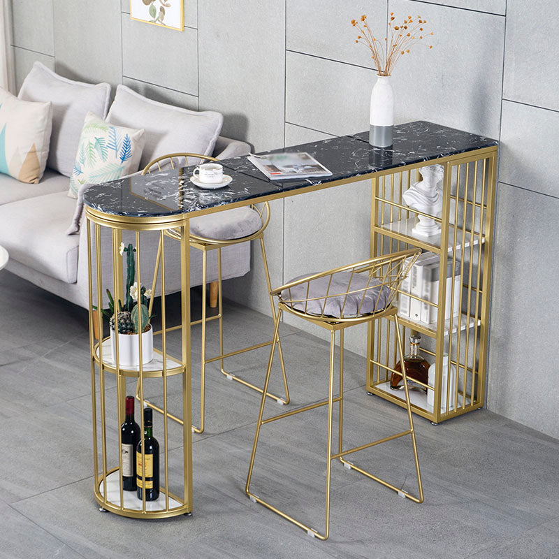 Marble Indoor Glam Bar Dining Table Gold Iron Double Pedestal Bistro Table with Shelve 70.9"L x 15.7"W x 41.3"H Black Without Chairs Clearhalo 'Bar Furniture' 'Bar Tables' 'bar_tables' 'furn' 'furn_bar_tables' 'Furniture' 'furniture_bar_tables' 'Kitchen & Dining Furniture' 'kitchen&dining_furn' 'kitchen' 4296212