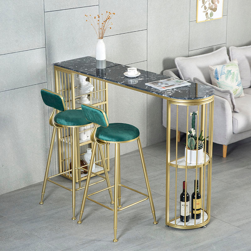 Marble Indoor Glam Bar Dining Table Gold Iron Double Pedestal Bistro Table with Shelve 63"L x 15.7"W x 41.3"H Black Without Chairs Clearhalo 'Bar Furniture' 'Bar Tables' 'bar_tables' 'furn' 'furn_bar_tables' 'Furniture' 'furniture_bar_tables' 'Kitchen & Dining Furniture' 'kitchen&dining_furn' 'kitchen' 4296213