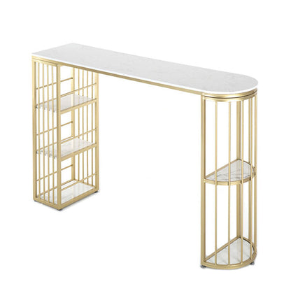 Marble Indoor Glam Bar Dining Table Gold Iron Double Pedestal Bistro Table with Shelve 39.4"L x 15.7"W x 41.3"H White Without Chairs Clearhalo 'Bar Furniture' 'Bar Tables' 'bar_tables' 'furn' 'furn_bar_tables' 'Furniture' 'furniture_bar_tables' 'Kitchen & Dining Furniture' 'kitchen&dining_furn' 'kitchen' 4296214