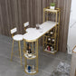 Stone Indoor Glam Bar Dining Table Metal Double Pedestal Bistro Table with Wine Rack 63"L x 15.7"W x 41.3"H Gold Without Chairs Clearhalo 'Bar Furniture' 'Bar Tables' 'bar_tables' 'furn' 'furn_bar_tables' 'Furniture' 'furniture_bar_tables' 'Kitchen & Dining Furniture' 'kitchen&dining_furn' 'kitchen' 4296281