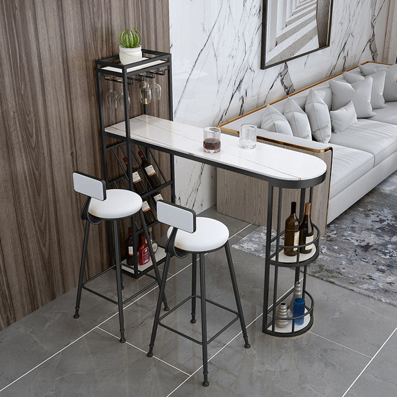 Stone Indoor Glam Bar Dining Table Metal Double Pedestal Bistro Table with Wine Rack Clearhalo 'Bar Furniture' 'Bar Tables' 'bar_tables' 'furn' 'furn_bar_tables' 'Furniture' 'furniture_bar_tables' 'Kitchen & Dining Furniture' 'kitchen&dining_furn' 'kitchen' 4296283