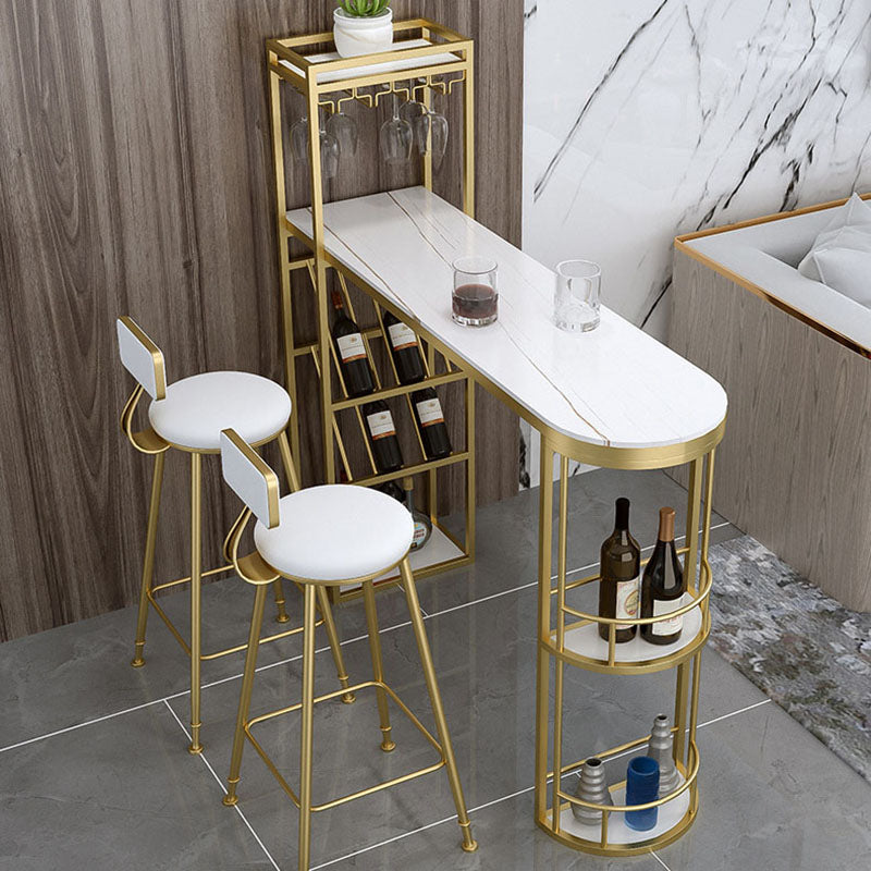 Stone Indoor Glam Bar Dining Table Metal Double Pedestal Bistro Table with Wine Rack Clearhalo 'Bar Furniture' 'Bar Tables' 'bar_tables' 'furn' 'furn_bar_tables' 'Furniture' 'furniture_bar_tables' 'Kitchen & Dining Furniture' 'kitchen&dining_furn' 'kitchen' 4296290