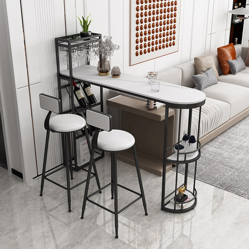 Stone Indoor Glam Bar Dining Table Iron Double Pedestal Bistro Table with Wine Rack Black 70.9"L x 15.7"W x 41.3"H Clearhalo 'Bar Furniture' 'Bar Tables' 'bar_tables' 'Furniture' 'furniture_bar_tables' 'Kitchen & Dining Furniture' 'kitchen&dining_furn' 'kitchen' 4296316