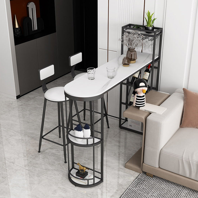 Stone Indoor Glam Bar Dining Table Iron Double Pedestal Bistro Table with Wine Rack Black 63"L x 15.7"W x 41.3"H Clearhalo 'Bar Furniture' 'Bar Tables' 'bar_tables' 'Furniture' 'furniture_bar_tables' 'Kitchen & Dining Furniture' 'kitchen&dining_furn' 'kitchen' 4296318