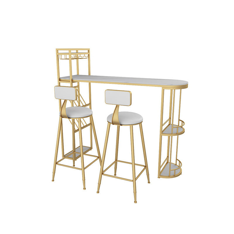 Stone Indoor Glam Bar Dining Table Iron Double Pedestal Bistro Table with Wine Rack Clearhalo 'Bar Furniture' 'Bar Tables' 'bar_tables' 'Furniture' 'furniture_bar_tables' 'Kitchen & Dining Furniture' 'kitchen&dining_furn' 'kitchen' 4296322