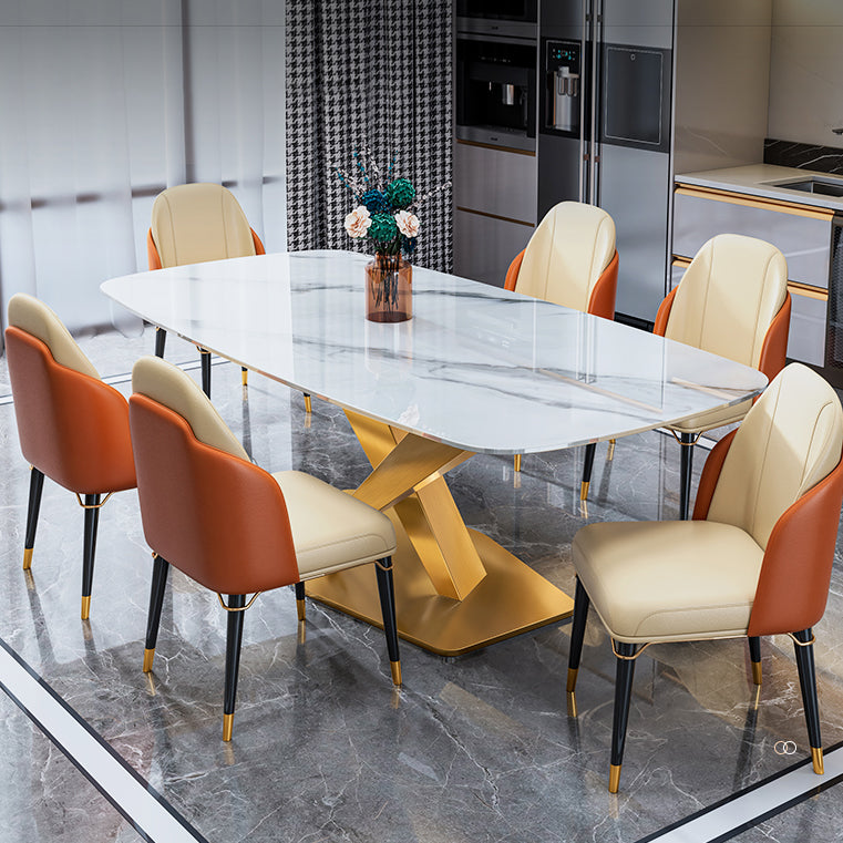 Luxury Home Sintered Stone Table Rectangle Table with Gold Pedestal Base Clearhalo ' dining_table' 'Dining Tables & Seating' 'Dining Tables' 'furn' 'furn_dining_table' 'Furniture' 'furniture_dining_table' 'Kitchen & Dining Furniture' 'kitchen&dining_furn' 'kitchen' 'kitchen_dining_table' 4317592
