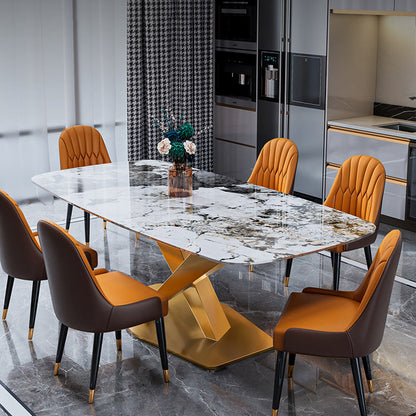 Luxury Home Sintered Stone Table Rectangle Table with Gold Pedestal Base Black White Without Chairs Clearhalo ' dining_table' 'Dining Tables & Seating' 'Dining Tables' 'furn' 'furn_dining_table' 'Furniture' 'furniture_dining_table' 'Kitchen & Dining Furniture' 'kitchen&dining_furn' 'kitchen' 'kitchen_dining_table' 4317593