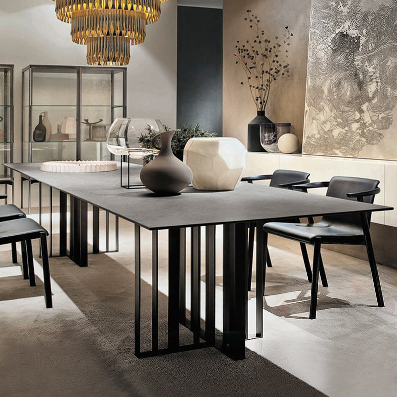 Industrial Style Sintered Stone Table Metallic Double Pedestal Base Rectangle Table Gray Without Chairs Clearhalo ' dining_table' 'Dining Tables & Seating' 'Dining Tables' 'furn' 'furn_dining_table' 'Furniture' 'furniture_dining_table' 'Kitchen & Dining Furniture' 'kitchen&dining_furn' 'kitchen' 'kitchen_dining_table' 4317619