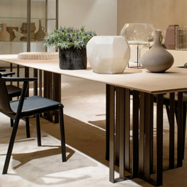 Industrial Style Sintered Stone Table Metallic Double Pedestal Base Rectangle Table Clearhalo ' dining_table' 'Dining Tables & Seating' 'Dining Tables' 'furn' 'furn_dining_table' 'Furniture' 'furniture_dining_table' 'Kitchen & Dining Furniture' 'kitchen&dining_furn' 'kitchen' 'kitchen_dining_table' 4317623