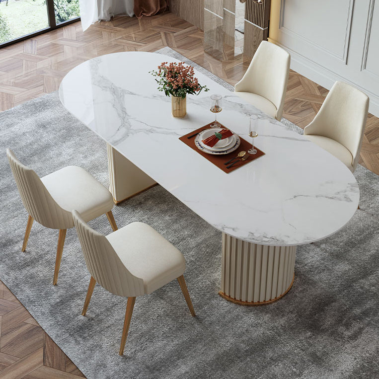 Metal Traditional Luxury Oval Dining Table Sintered Stone Table with Double Pedestal Clearhalo ' dining_table' 'Dining Tables & Seating' 'Dining Tables' 'furn' 'furn_dining_table' 'Furniture' 'furniture_dining_table' 'Kitchen & Dining Furniture' 'kitchen&dining_furn' 'kitchen' 'kitchen_dining_table' 4331921