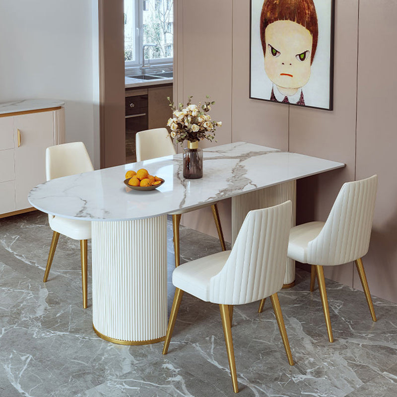 Metal Contemporary Free Form Dining Table Sintered Stone Table with Double Pedestal Clearhalo ' dining_table' 'Dining Tables & Seating' 'Dining Tables' 'furn' 'furn_dining_table' 'Furniture' 'furniture_dining_table' 'Kitchen & Dining Furniture' 'kitchen&dining_furn' 'kitchen' 'kitchen_dining_table' 4331987