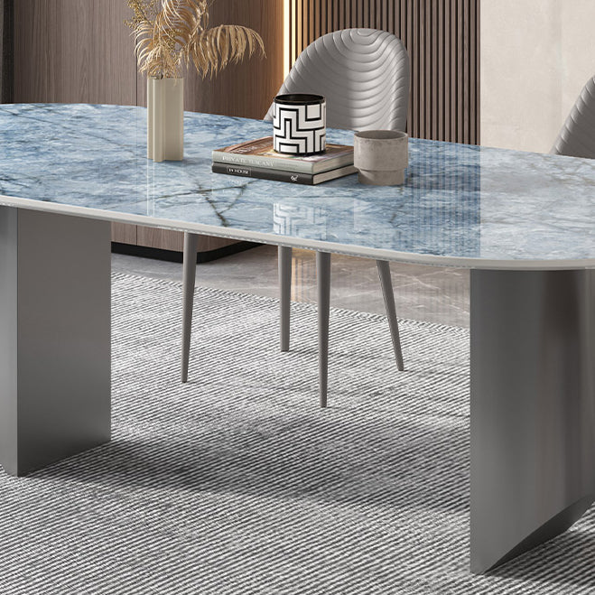 Metal Oval Traditional Luxury Dining Table Sintered Stone Table with Double Pedestal Clearhalo ' dining_table' 'Dining Tables & Seating' 'Dining Tables' 'furn' 'furn_dining_table' 'Furniture' 'furniture_dining_table' 'Kitchen & Dining Furniture' 'kitchen&dining_furn' 'kitchen' 'kitchen_dining_table' 4332068