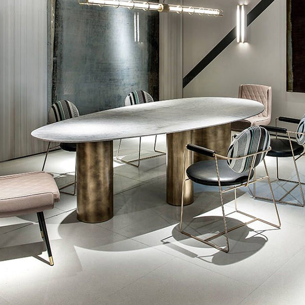 Glam Sintered Stone Standard Dining Table Oval Dining Table with 3 Legs Gray Without Chairs Clearhalo ' dining_table' 'Dining Tables & Seating' 'Dining Tables' 'furn' 'furn_dining_table' 'Furniture' 'furniture_dining_table' 'Kitchen & Dining Furniture' 'kitchen&dining_furn' 'kitchen' 'kitchen_dining_table' 4332263