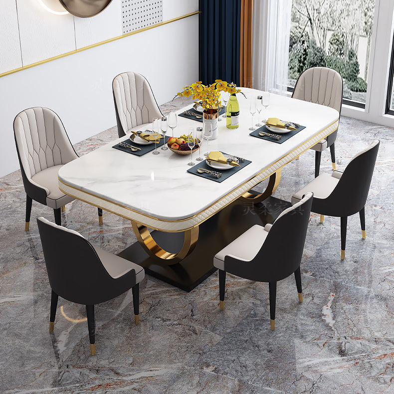 Modern 1/2/5/7 Pieces Dining Set Marble Dining Table with Leather Chairs 7 Pieces: Table, 6 White Chairs Clearhalo 'Dining Room Sets' 'Dining Tables & Seating' 'dining_room_set' 'furn' 'furn_dining_room_set' 'Furniture' 'furniture_dining_room_set' 'Kitchen & Dining Furniture' 'kitchen&dining_furn' 'kitchen' 4332760
