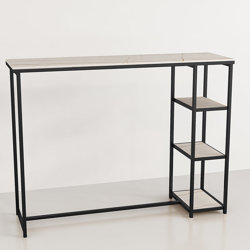 Glam Rectangle Indoor Bar Dining Table Iron Trestle Pedestal Bistro Table with Shelve Black Stone Clearhalo 'Bar Furniture' 'Bar Tables' 'bar_tables' 'furn' 'furn_bar_tables' 'Furniture' 'furniture_bar_tables' 'Kitchen & Dining Furniture' 'kitchen&dining_furn' 'kitchen' 4335370