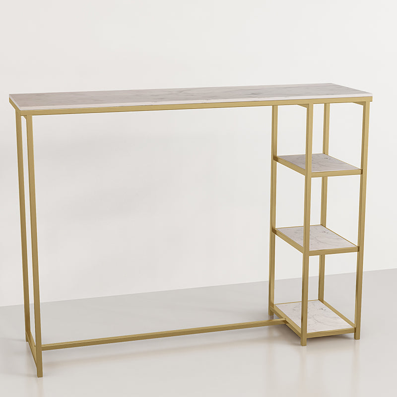 Glam Rectangle Indoor Bar Dining Table Iron Trestle Pedestal Bistro Table with Shelve 39.4"L x 15.7"W x 41.3"H Gold Faux Marble Clearhalo 'Bar Furniture' 'Bar Tables' 'bar_tables' 'furn' 'furn_bar_tables' 'Furniture' 'furniture_bar_tables' 'Kitchen & Dining Furniture' 'kitchen&dining_furn' 'kitchen' 4335371