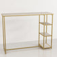 Glam Rectangle Indoor Bar Dining Table Iron Trestle Pedestal Bistro Table with Shelve 39.4"L x 15.7"W x 41.3"H Gold Stone Clearhalo 'Bar Furniture' 'Bar Tables' 'bar_tables' 'furn' 'furn_bar_tables' 'Furniture' 'furniture_bar_tables' 'Kitchen & Dining Furniture' 'kitchen&dining_furn' 'kitchen' 4335375