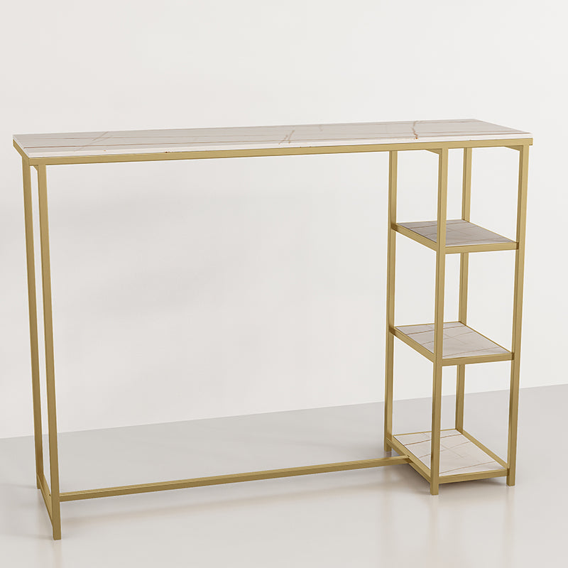 Glam Rectangle Indoor Bar Dining Table Iron Trestle Pedestal Bistro Table with Shelve 39.4"L x 15.7"W x 41.3"H Gold Stone Clearhalo 'Bar Furniture' 'Bar Tables' 'bar_tables' 'furn' 'furn_bar_tables' 'Furniture' 'furniture_bar_tables' 'Kitchen & Dining Furniture' 'kitchen&dining_furn' 'kitchen' 4335375