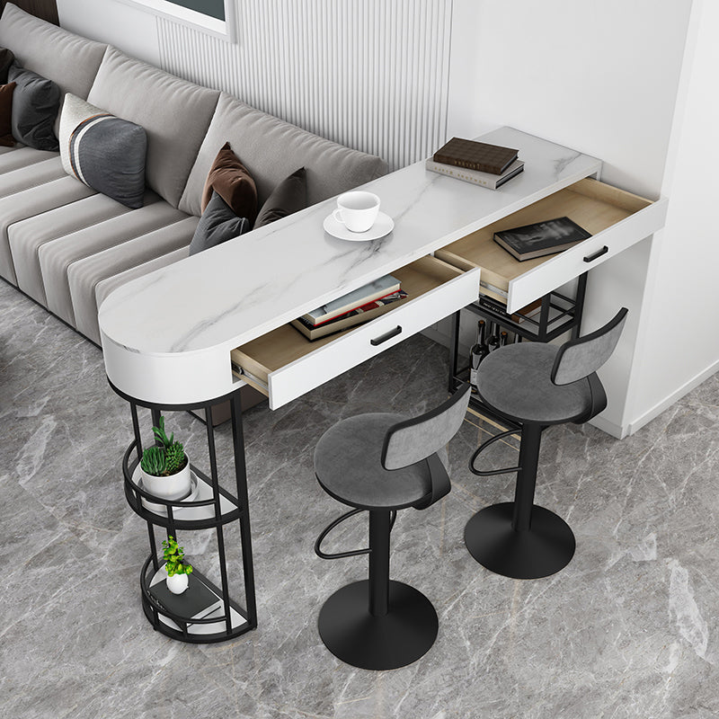 Stone Indoor Glam Bar Dining Table Iron Double Pedestal Bistro Table with Drawer 39.4"L x 15.7"W x 41.3"H Black 4 Clearhalo 'Bar Furniture' 'Bar Tables' 'bar_tables' 'furn' 'furn_bar_tables' 'Furniture' 'furniture_bar_tables' 'Kitchen & Dining Furniture' 'kitchen&dining_furn' 'kitchen' 4335390