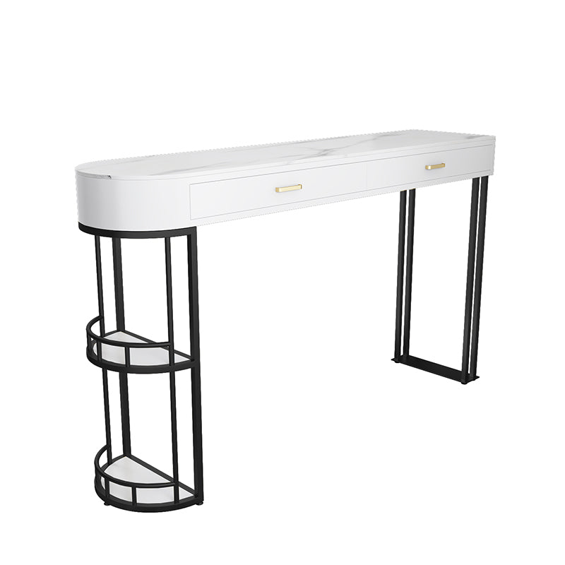 Stone Indoor Glam Bar Dining Table Iron Double Pedestal Bistro Table with Drawer 39.4"L x 15.7"W x 41.3"H Black 2 Clearhalo 'Bar Furniture' 'Bar Tables' 'bar_tables' 'furn' 'furn_bar_tables' 'Furniture' 'furniture_bar_tables' 'Kitchen & Dining Furniture' 'kitchen&dining_furn' 'kitchen' 4335391