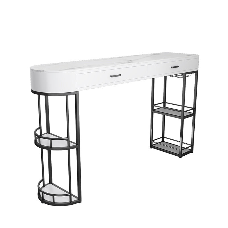 Stone Indoor Glam Bar Dining Table Iron Double Pedestal Bistro Table with Drawer 47.2"L x 15.7"W x 41.3"H Black 4 Clearhalo 'Bar Furniture' 'Bar Tables' 'bar_tables' 'furn' 'furn_bar_tables' 'Furniture' 'furniture_bar_tables' 'Kitchen & Dining Furniture' 'kitchen&dining_furn' 'kitchen' 4335393