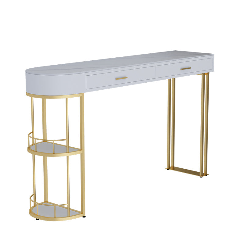 Stone Indoor Glam Bar Dining Table Iron Double Pedestal Bistro Table with Drawer 39.4"L x 15.7"W x 41.3"H Gold 2 Clearhalo 'Bar Furniture' 'Bar Tables' 'bar_tables' 'furn' 'furn_bar_tables' 'Furniture' 'furniture_bar_tables' 'Kitchen & Dining Furniture' 'kitchen&dining_furn' 'kitchen' 4335394