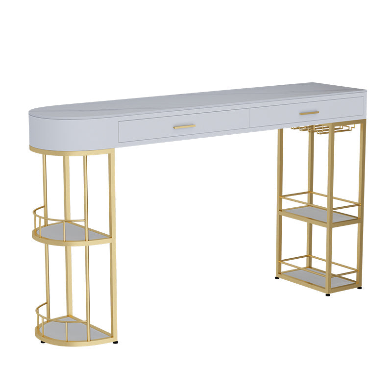 Stone Indoor Glam Bar Dining Table Iron Double Pedestal Bistro Table with Drawer 39.4"L x 15.7"W x 41.3"H Gold 4 Clearhalo 'Bar Furniture' 'Bar Tables' 'bar_tables' 'furn' 'furn_bar_tables' 'Furniture' 'furniture_bar_tables' 'Kitchen & Dining Furniture' 'kitchen&dining_furn' 'kitchen' 4335397