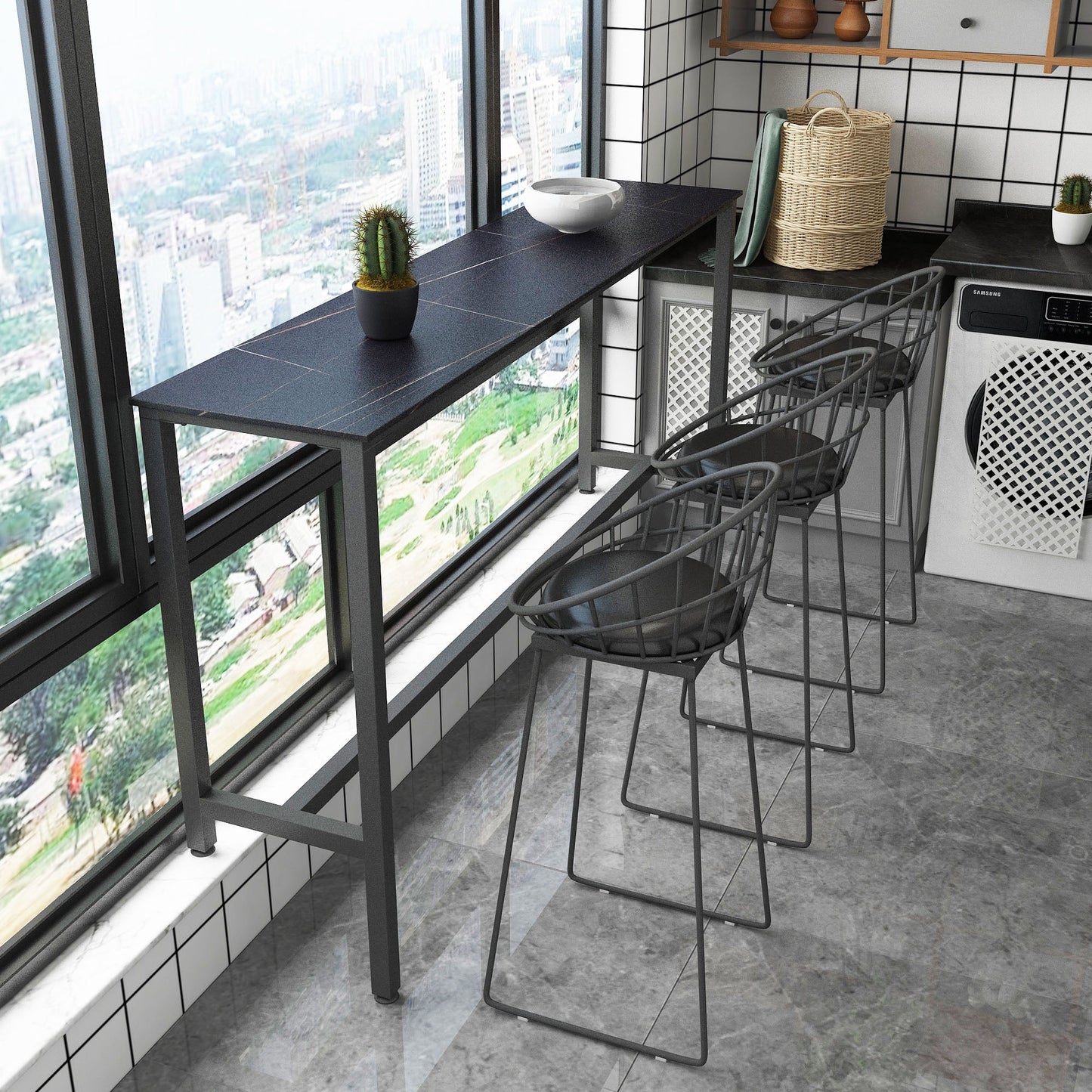 Rectangle Stone Modern Cocktail Bar Table Footrest Trestle Pub Height Dining Table 78.7"L x 15.7"W x 41.3"H Black Without Chairs Clearhalo 'Bar Furniture' 'Bar Tables' 'bar_tables' 'furn' 'furn_bar_tables' 'Furniture' 'furniture_bar_tables' 'Kitchen & Dining Furniture' 'kitchen&dining_furn' 'kitchen' 4335889