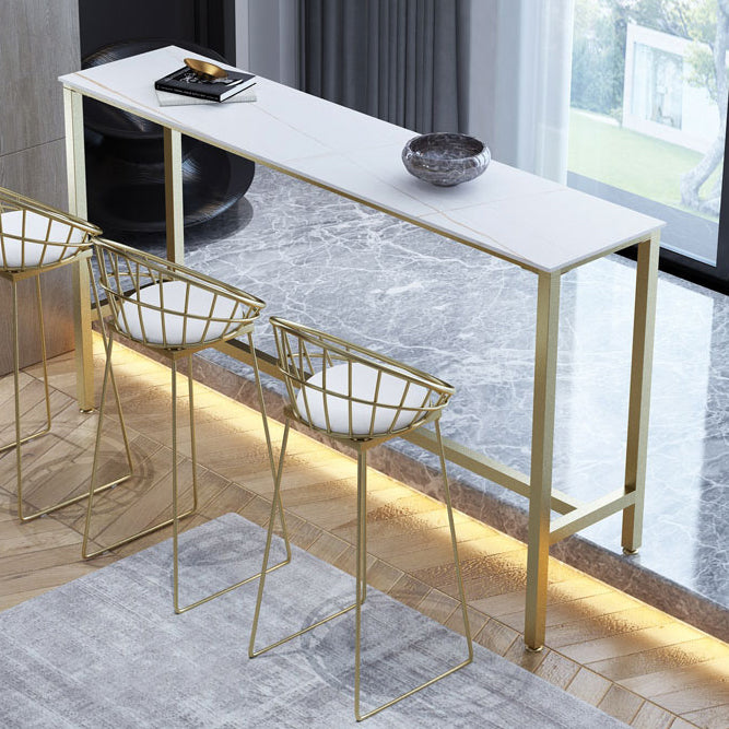 Rectangle Stone Modern Cocktail Bar Table Footrest Trestle Pub Height Dining Table White-Gold Without Chairs Clearhalo 'Bar Furniture' 'Bar Tables' 'bar_tables' 'furn' 'furn_bar_tables' 'Furniture' 'furniture_bar_tables' 'Kitchen & Dining Furniture' 'kitchen&dining_furn' 'kitchen' 4335901
