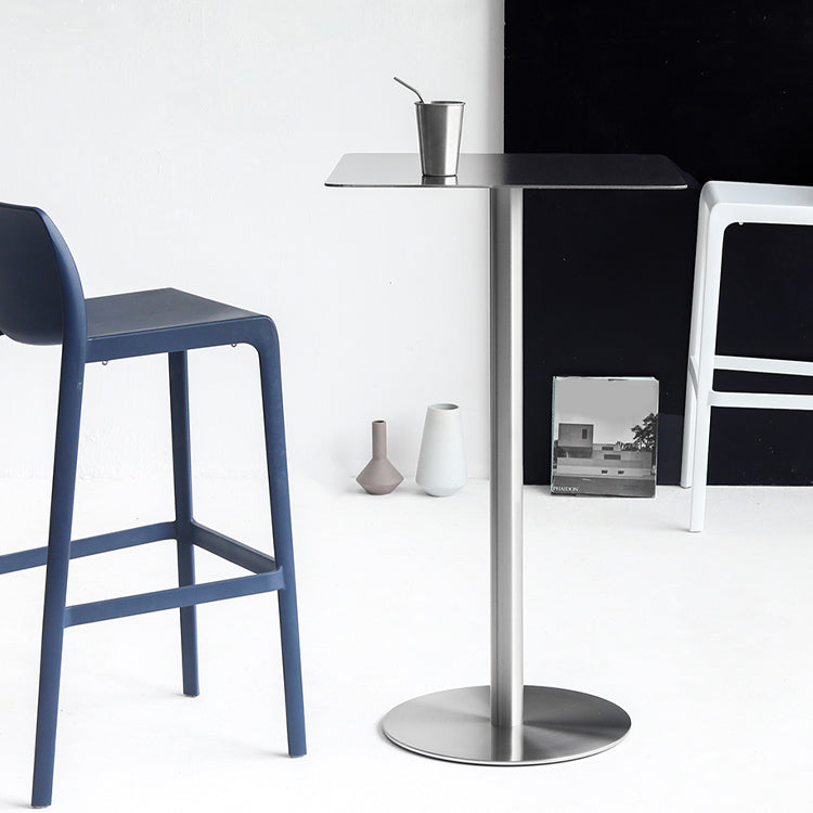 Contemporary Bar Dining Table Steel Bar Height Cocktail Table with Pedestal Base in Silver 23.6"L x 23.6"W x 40.2"H Square Without Chairs Clearhalo 'Bar Furniture' 'Bar Tables' 'bar_tables' 'furn' 'furn_bar_tables' 'Furniture' 'furniture_bar_tables' 'Kitchen & Dining Furniture' 'kitchen&dining_furn' 'kitchen' 4342754