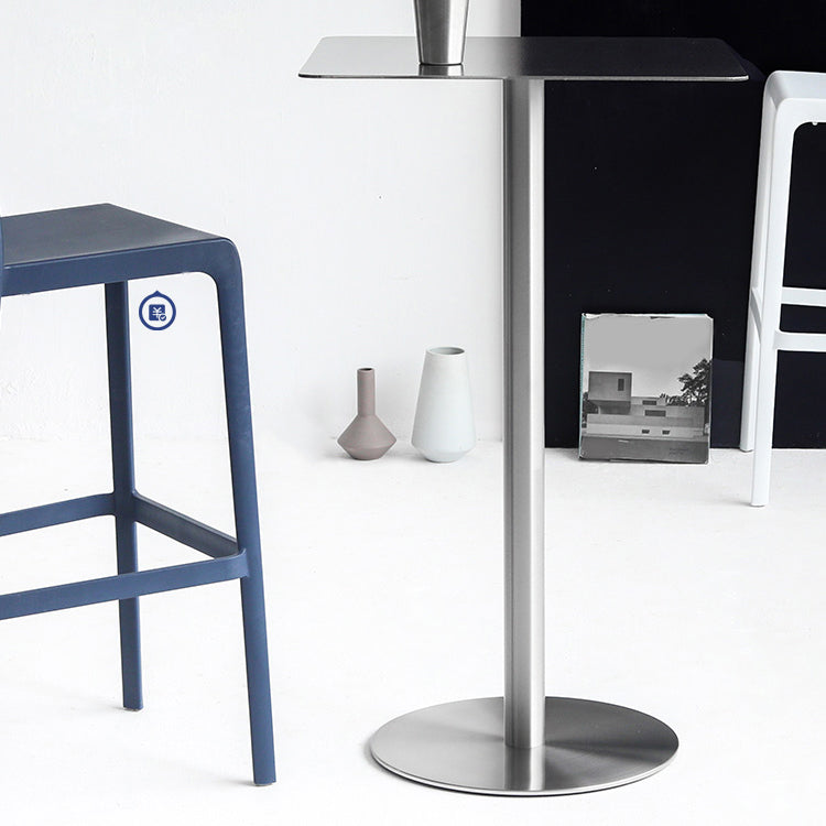 Contemporary Bar Dining Table Steel Bar Height Cocktail Table with Pedestal Base in Silver 19.7"L x 19.7"W x 40.2"H Square Without Chairs Clearhalo 'Bar Furniture' 'Bar Tables' 'bar_tables' 'furn' 'furn_bar_tables' 'Furniture' 'furniture_bar_tables' 'Kitchen & Dining Furniture' 'kitchen&dining_furn' 'kitchen' 4342756