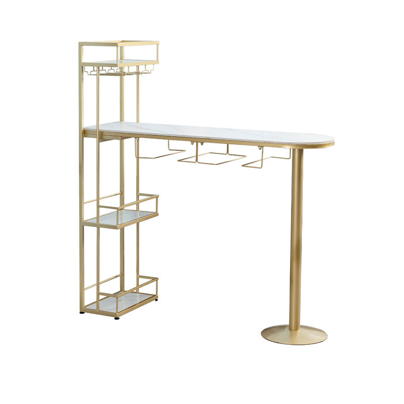 Contemporary Double Pedestal Bar/Dinette Table Wine Rack Stone Counter-height Pub Table Gold Without Chairs Clearhalo 'Bar Furniture' 'Bar Tables' 'bar_tables' 'furn' 'furn_bar_tables' 'Furniture' 'furniture_bar_tables' 'Kitchen & Dining Furniture' 'kitchen&dining_furn' 'kitchen' 4342785