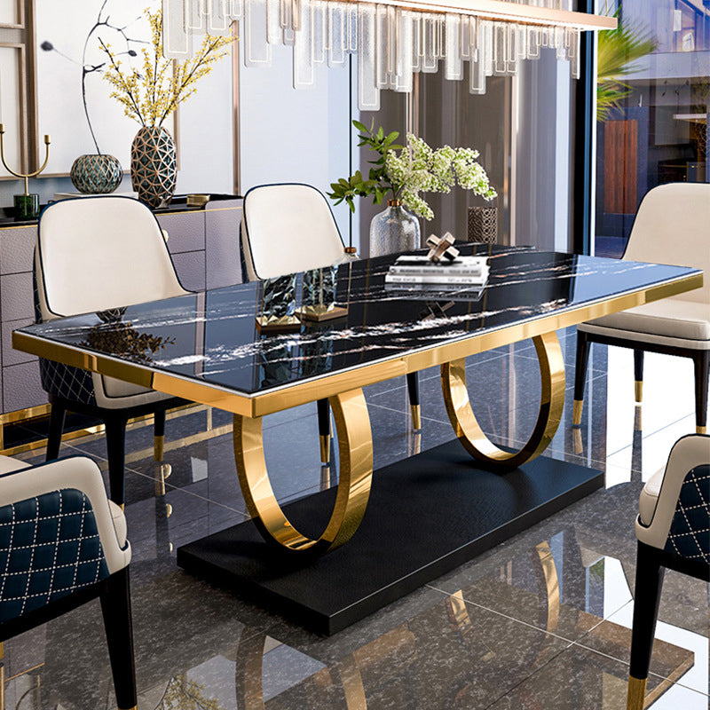 Traditional Luxury Dining Table Rectangle Sintered Stone Table with Gold Frame Black 63"L x 35.4"W x 29.5"H Without Chairs Clearhalo ' dining_table' 'Dining Tables & Seating' 'Dining Tables' 'furn' 'furn_dining_table' 'Furniture' 'furniture_dining_table' 'Kitchen & Dining Furniture' 'kitchen&dining_furn' 'kitchen' 'kitchen_dining_table' 4342943