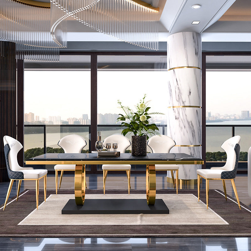 Traditional Luxury Dining Table Rectangle Sintered Stone Table with Gold Frame Black 70.9"L x 35.4"W x 29.5"H Without Chairs Clearhalo ' dining_table' 'Dining Tables & Seating' 'Dining Tables' 'furn' 'furn_dining_table' 'Furniture' 'furniture_dining_table' 'Kitchen & Dining Furniture' 'kitchen&dining_furn' 'kitchen' 'kitchen_dining_table' 4342945