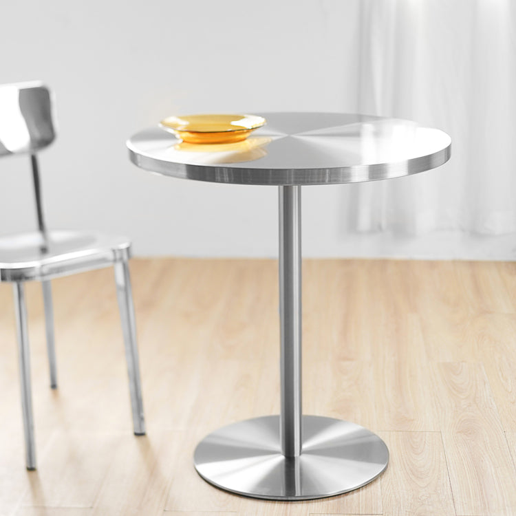 Tulip Base Industrial Dining Table Silver Stainless Steel Fixed Table Round Silver 23.6"L x 23.6"W x 28.7"H Clearhalo ' dining_table' 'Dining Tables & Seating' 'Dining Tables' 'furn' 'furn_dining_table' 'Furniture' 'furniture_dining_table' 'Kitchen & Dining Furniture' 'kitchen&dining_furn' 'kitchen' 'kitchen_dining_table' 4343076