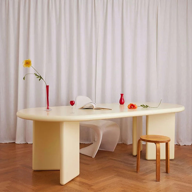 Modern Style Dining Table Oval Solid Wood Dining Table with Double Pedestal Base Yellow Without Chairs Clearhalo ' dining_table' 'Dining Tables & Seating' 'Dining Tables' 'furn' 'furn_dining_table' 'Furniture' 'furniture_dining_table' 'Kitchen & Dining Furniture' 'kitchen&dining_furn' 'kitchen' 'kitchen_dining_table' 4343113