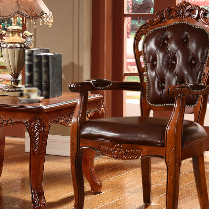 Upholstered Victorian Dining Armchairs Tufted Arm Chairs with Wood Legs (Set of 2) Clearhalo ' kitchen&dining_furn' 'Dining Chairs' 'Dining Tables & Seating' 'dining_chair' 'furn' 'furn_dining_chair' 'Furniture' 'furniture_dining_chair' 'Kitchen & Dining Furniture' 'kitchen' 4343317