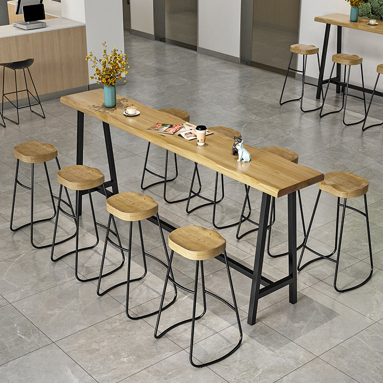Natural and Black Modern Counter Table Trestle Footrest Bistro Bar Table 86.6"L x 15.7"W x 41.3"H Without Chairs Clearhalo 'Bar Furniture' 'Bar Tables' 'bar_tables' 'furn' 'furn_bar_tables' 'Furniture' 'furniture_bar_tables' 'Kitchen & Dining Furniture' 4344992