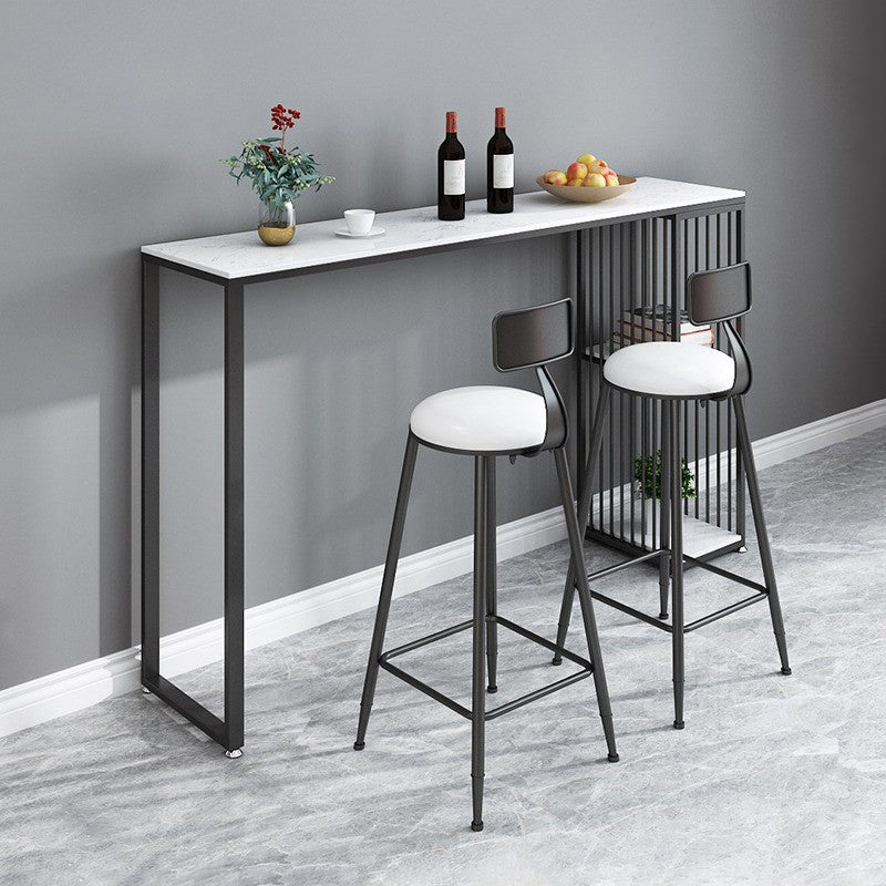 Modern Metal Rectangle Bistro Table Storage Double Pedestal Pub/Bar Table 63"L x 15.7"W x 41.3"H Black Without Chairs Clearhalo 'Bar Furniture' 'Bar Tables' 'bar_tables' 'furn' 'furn_bar_tables' 'Furniture' 'furniture_bar_tables' 'Kitchen & Dining Furniture' 'kitchen&dining_furn' 'kitchen' 4345227