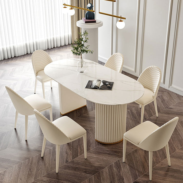 Traditional Luxury Dining Table White Oval Sintered Stone Table with Double Pedestal Base 55.1"L x 31.5"W x 29.5"H Without Chairs Clearhalo ' dining_table' 'Dining Tables & Seating' 'Dining Tables' 'furn' 'furn_dining_table' 'Furniture' 'furniture_dining_table' 'Kitchen & Dining Furniture' 'kitchen&dining_furn' 'kitchen' 'kitchen_dining_table' 4353396