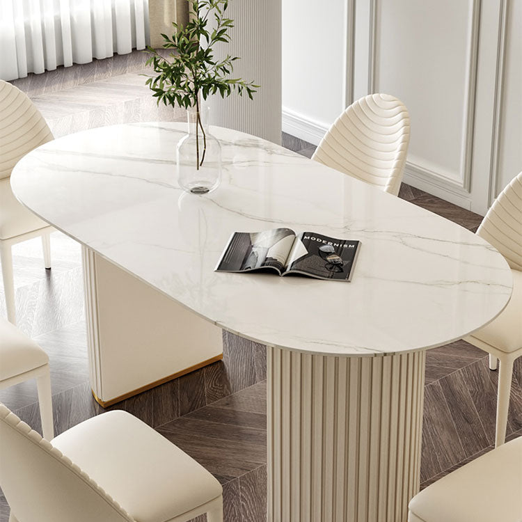 Traditional Luxury Dining Table White Oval Sintered Stone Table with Double Pedestal Base Clearhalo ' dining_table' 'Dining Tables & Seating' 'Dining Tables' 'furn' 'furn_dining_table' 'Furniture' 'furniture_dining_table' 'Kitchen & Dining Furniture' 'kitchen&dining_furn' 'kitchen' 'kitchen_dining_table' 4353402